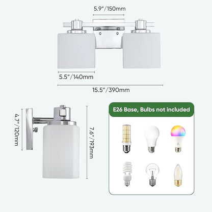 15.5 Inch Chrome Bathroom Light Fixtures Over Mirror 2 Light Bathroom Vanity Light Silver Modern Industrial Makeup Lighting Wall Sconce Farmhouse Rustic Milk Glass Lamp Desk Sink