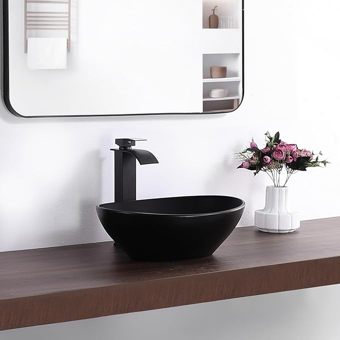 Oval Vessel Sink 16" x 13" Countertop Bathroom Sinks Modern Egg Shape Above Counter Matte Black Ceramic Small Sink Vessel Sinks for Bathrooms