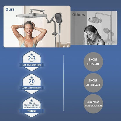 14" High Pressure Rain/Rainfall Shower Heads With Handheld Spray Combo (3+1 Settings & Built-in Power Wash Mode), Double/Dual Shower Head With Handheld - Height/Angle Adjustable(Brushed Nickel)