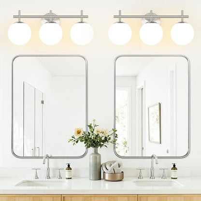 3-Light Bathroom Light Fixtures, Brushed Nickel Vanity Lights for Bathroom with Milky White Ball Shades, 18.9 inch Bathroom Lighting Fixtures Over Mirror, Wall Sconce for Bedroom (Bulb Not Included)