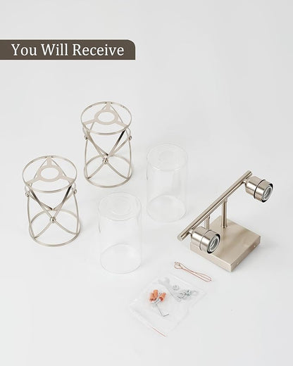 2-Light Brushed Nickel Bathroom Light Fixtures, 13.8 Inch Modern Bathroom Vanity Lighting Fixtures Over Mirror with Clear Glass and Metal Cage Wall Sconce Lights for Bath, E26, CH9176BN-2W