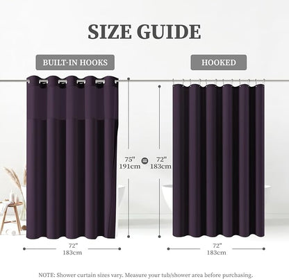 Purple Ringless Linen Textured Shower Curtain with Snap in Liner 72x75 | 3 in 1 Hotel Shower Curtain Set, Removable Liner, Waterproof & Washable, Mesh Top Window, Durable Fabric, Easy to Install
