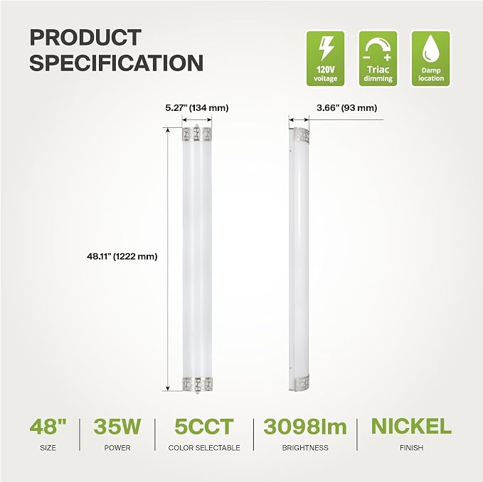 ASD 48 Inch LED Bathroom Vanity Light, 5CCT 2700K-5000K 35W, Dimmable Bathroom Light Fixtures, Modern Vanity Lights for Bathroom Lighting Fixtures Over Mirror, Wall Light Bar, Brushed Nickel, ETL, 2P