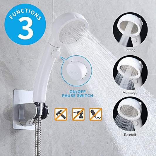 High Pressure Handheld Shower Head with ON/OFF Pause Switch, 3 Spray Modes Shower Wand with Shut Off Button, Removable Camper Shower Head with Hose and Adjustable Angle Bracket (White) | 3 Spray Modes Shower Wand with Shut Off Button, Camper & RV Showe...