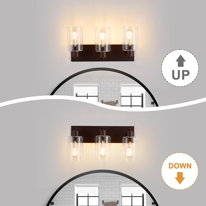 3 Lights Bathroom Light Fixtures Oil Rubbed Bronze Vanity Light with Clear Glass Shade 18in Modern Bathroom Lighting Fixtures Over Mirror for Bedroom/Living Room