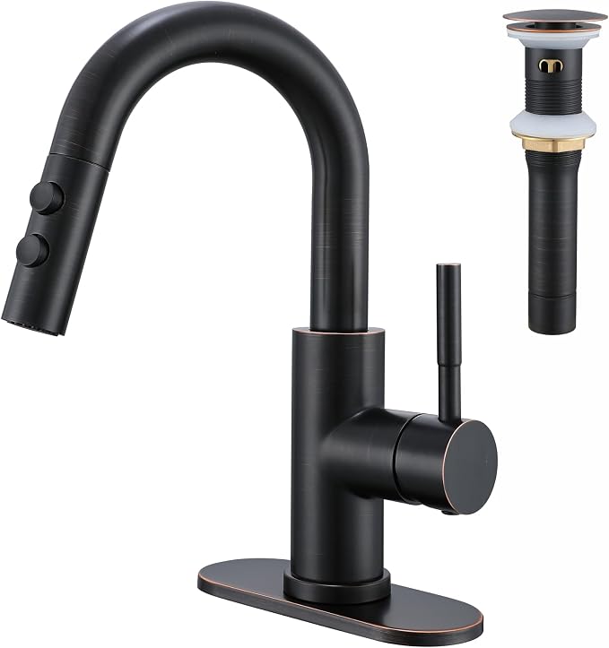 Bathroom Faucet with Sprayer, Oil Rubbed Bronze Single Hole Pop-Up Drain | Kablle Single Handle Pull Out 1 or 3 Hole Laundry Bar Basin Faucet with Deck Plate, KBL-7002ORB-CL