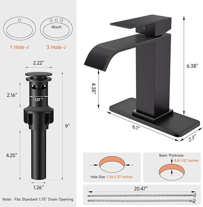 Matte Black Bathroom Faucets, Evolvegoods Modern Waterfall Bathroom Faucet, Single Handle 1 or 3 Hole Bathroom Sink Faucet, RV Mixer Tap Vanity Faucet with Deck Plate, Pop-up Drain and Supply
