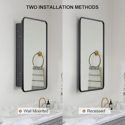 Black Bathroom Medicine Cabinet with Mirror 17 x 27 Metal Frame Recessed Or Wall Mounted Single Door Storage Medicine Cabinets with Adjustable Shelves Rounded Corner Beveled Mirrors