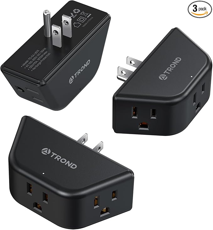 TROND Multi Plug Outlet 3 Pack, Wall Extender with 3-Prong Grounded Sockets | 3 Way Angled Outlet Adapter, Cruise Essentials, Small Multiple Expander for Travel, Home, Hotel, Dorm Room, Black