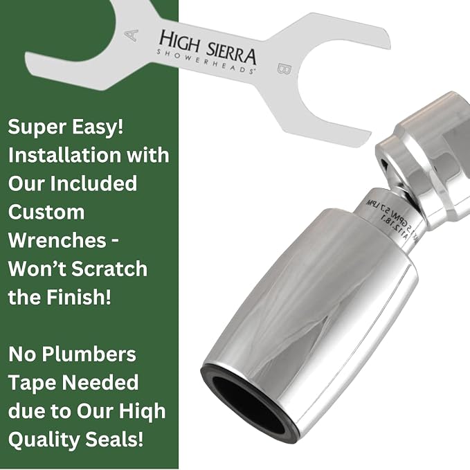 High Sierra® Classic™ Solid Metal 1.25 GPM Award Winning, Ultra Low Flow Shower Head. Patented Nozzle Never Clogs. Long Nut Hides Shower Arm Threads. Brushed Nickel Finish