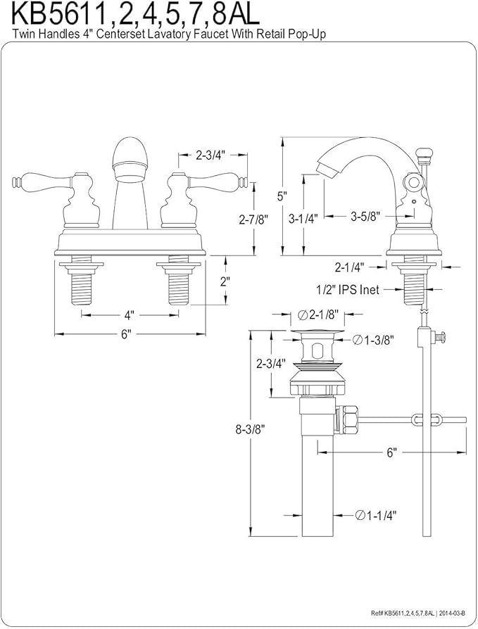 Kingston Brass KB5612AL Restoration 4-Inch Centerset Lavatory Faucet, Polished Brass