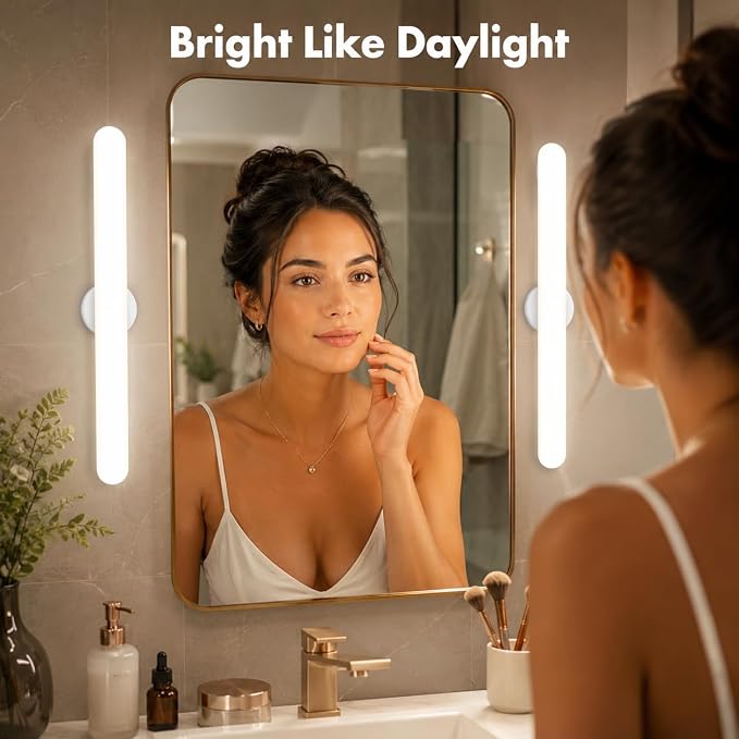 cambk Set of 2 Vanity Makeup Lights for Mirror | Stick On Rechargeable Wireless Light Bar for Bathroom with 3 CCT&Dimmable, Cordless Battery Operated Touch Control Lighting