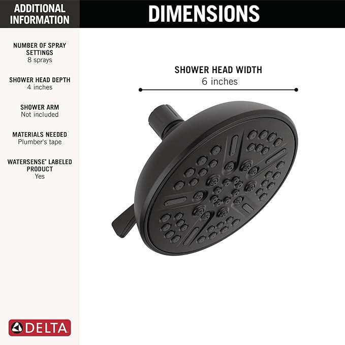 Delta Faucet 8-Spray Touch-Clean Matte Black Shower Head, Delta Shower Heads, Showerhead, Shower Head Black, 1.75 GPM Water Flow, Matte Black 75898CBL