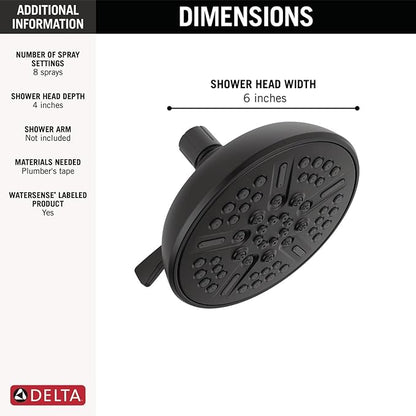 Delta Faucet 8-Spray Touch-Clean Matte Black Shower Head, Delta Shower Heads, Showerhead, Shower Head Black, 1.75 GPM Water Flow, Matte Black 75898CBL