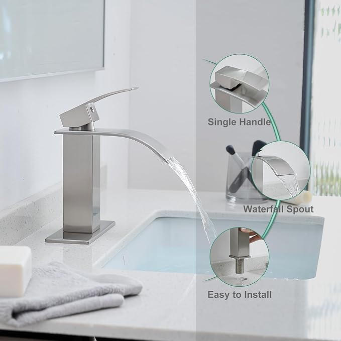 VOTON Bathroom Faucets Brushed Nickel Waterfall Bathroom Sink Faucet Modern Single Handle Bathroom Faucet for 1 or 3 Holes with Deck Plate