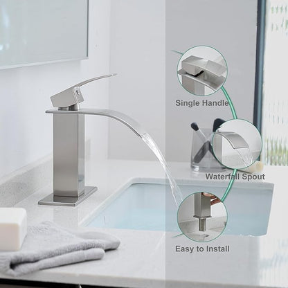 VOTON Bathroom Faucets Brushed Nickel Waterfall Bathroom Sink Faucet Modern Single Handle Bathroom Faucet for 1 or 3 Holes with Deck Plate