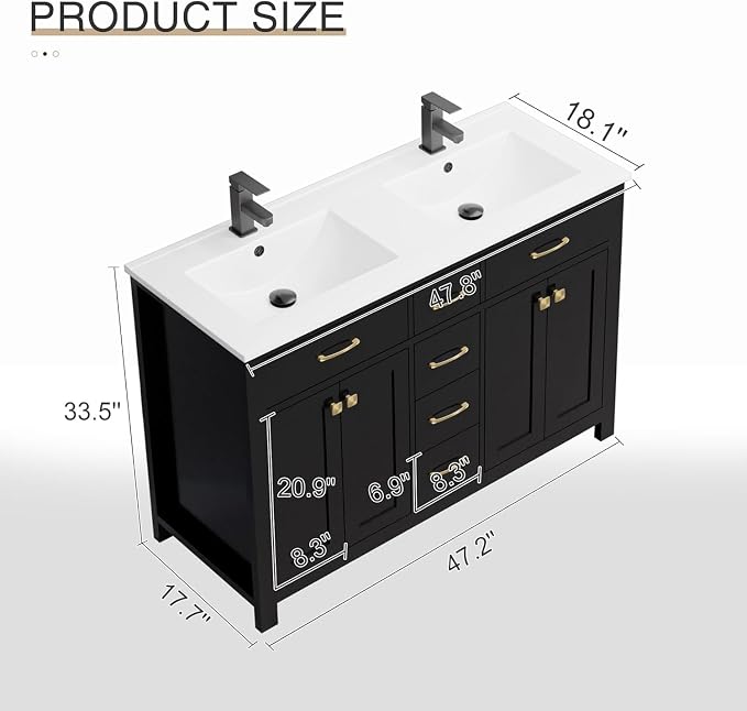 LUCKWIND 48" Modern Bathroom Vanity with Sink Combo, Contemporary Painted Storage Cabinet and Double White Sink, Include Soft-Closing Doors & Matte Black Faucet, Black