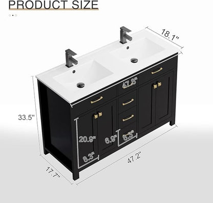 LUCKWIND 48" Modern Bathroom Vanity with Sink Combo, Contemporary Painted Storage Cabinet and Double White Sink, Include Soft-Closing Doors & Matte Black Faucet, Black