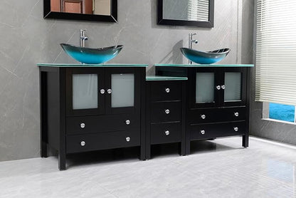 76" Freestanding Wooden Modern Bathroom Vanity with Double Vessel Sink Set Bathroom Mirror Included (Black, Art Sink)