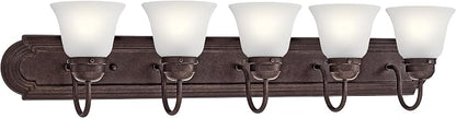 Kichler 5-Light Bathroom Vanity Light, Tannery Bronze | Damp-rated vanity light with satin etched glass (36" x 8" x 5"), 5339TZS