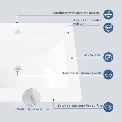Bathroom Vessel Sink Semi-Recessed Square Ceramic Basin 21.26×17.72×6.65 inch, Single Faucet Hole Countertop Sink for Modern Bathroom Vanity, Guest Washroom and Apartment Renovation