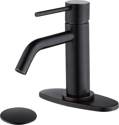 Oil Rubbed Bronze Bathroom Faucets Single Hole with 6 inch Deck Plate, JXMMP 1 Handle Rubbed Bronze Faucet for Bathroom Sink with Pop Up Drain and Water Faucet Supply Lines