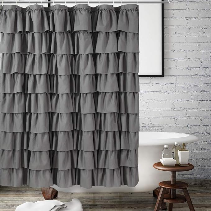 Gray Ruffle Shower Curtains For Bathroom, 72x72, Layered Tiered Ruffles | Handcrafted Ruched Ruffles, 72 x 72 Inch, Soft Brushed Microfiber, 12 Hooks Included, Machine Washable Design, Elevates Bath