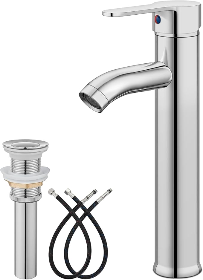 gotonovo Vessel Sink Faucet Modern Tall Bathroom Faucet Single Handle One Hole Stainless Steel Vanity Lavatory Rv Bowl Basin Mixer Tap with Supply Lines and Metal Pop Up Drain, Polish Chrome