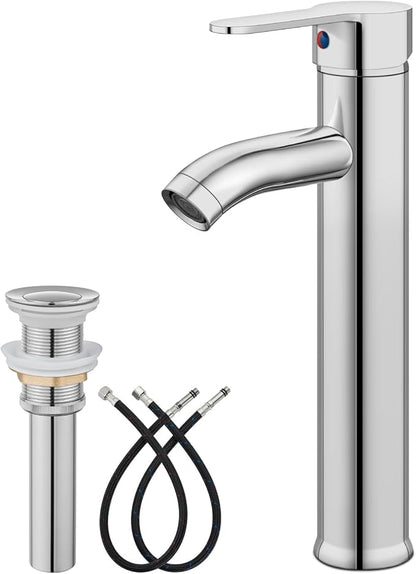 gotonovo Vessel Sink Faucet Modern Tall Bathroom Faucet Single Handle One Hole Stainless Steel Vanity Lavatory Rv Bowl Basin Mixer Tap with Supply Lines and Metal Pop Up Drain, Polish Chrome