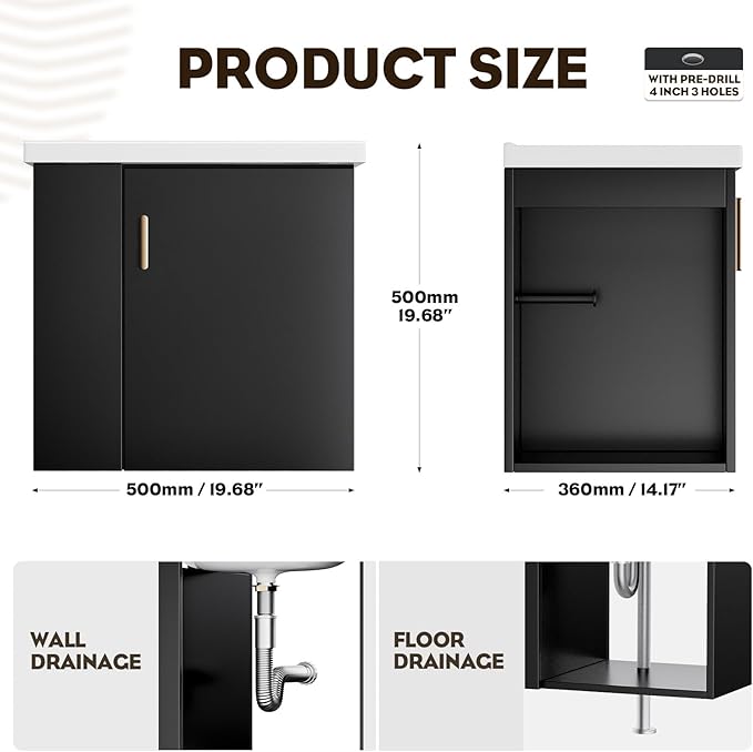 phiestina Pre-Assembled 20 Inch Floating Bathroom Vanity for Small Space, Wall-Mounted Black Cabinet with Ceramic Sink, Soft-Close Door, Left Side Storage, No Faucet,BV04-20-PUREBLACK-PLUS