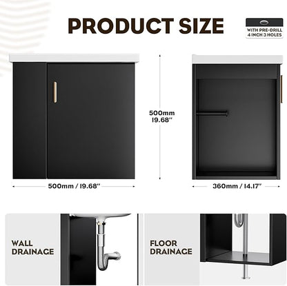 phiestina Pre-Assembled 20 Inch Floating Bathroom Vanity for Small Space, Wall-Mounted Black Cabinet with Ceramic Sink, Soft-Close Door, Left Side Storage, No Faucet,BV04-20-PUREBLACK-PLUS