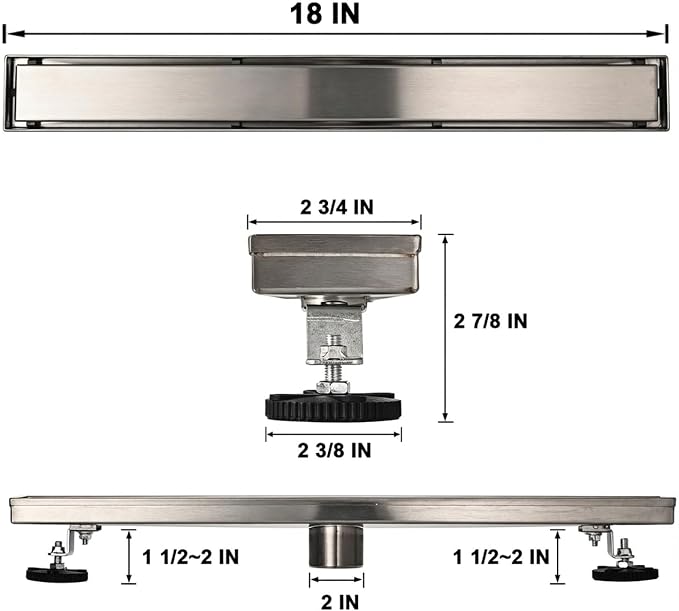 Linear Shower Floor Drain, 18 Inch Brushed Nickel 304 Stainless Steel Bathroom Drains Kit, Rectangular Shower Trench Drain with Reversable Tile-in Pattern Drain Cover & Hair Catcher