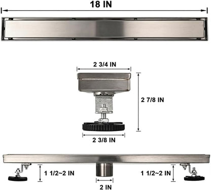 Linear Shower Floor Drain, 18 Inch Brushed Nickel 304 Stainless Steel Bathroom Drains Kit, Rectangular Shower Trench Drain with Reversable Tile-in Pattern Drain Cover & Hair Catcher