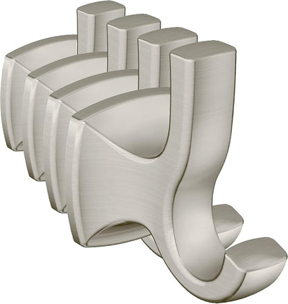 Moen Voss Brushed Nickel Bathroom Double Robe Hook, Wall Mounted Metal Hanger for Towels, YB5103BN (Pack of 4)