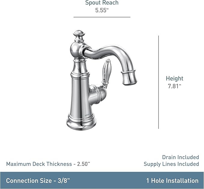 Moen S42107ORB Weymouth One-Handle Single Hole Traditional Bathroom Sink Faucet with Drain Assembly, Oil Rubbed Bronze