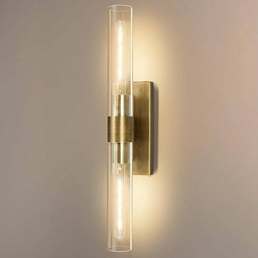 Wall Sconces, 22.8" Gold Bathroom Sconces Wall Lighting with Clear Glass, Modern Sconces Wall Decor Brass Light Fixtures for Bathroom Mirror Living Room Hallway Bedroom