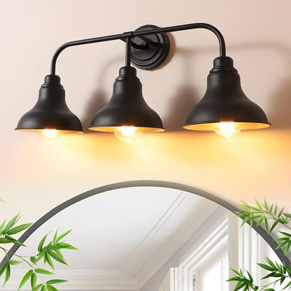 25.2-Inch 3-Light Farmhouse Vanity Light Over Mirror, Matte Black | Rustic industrial style, metal frame, 3 E26 sockets, 60W max, dimmable, no bulbs, wall sconce for bathroom mirror, bedroom