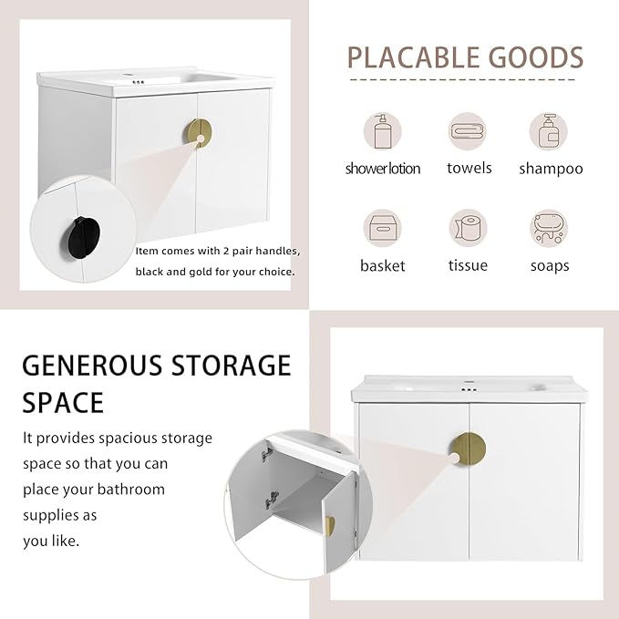 SSLine Modern 24-Inch Bathroom Vanity with Sink Wall Mounted Bathroom Vanity with Top Basin & Storage Cabinet White Wood Floating Vanity w/Ceramic Sink & Gold/Black Handles for Small Space