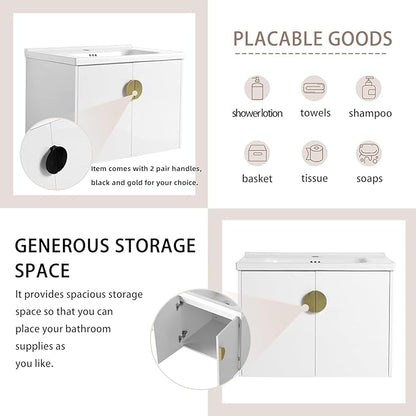 SSLine Modern 24-Inch Bathroom Vanity with Sink Wall Mounted Bathroom Vanity with Top Basin & Storage Cabinet White Wood Floating Vanity w/Ceramic Sink & Gold/Black Handles for Small Space