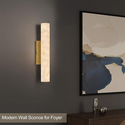 Alabaster Wall Sconce, 20in Linear Gold Brass Wall Sconces, Luxury Marble Look Bathroom Vanity Light, 3000K Dimmable Hardwired Wall Lamp for Living Room Bedroom Hallway, 1 Pack, Faux Alabaster