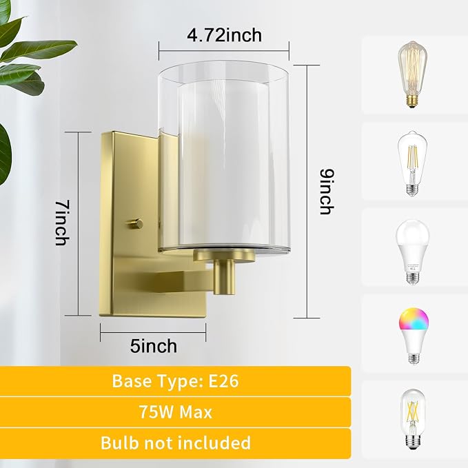 Wall Sconces Set of Two, Modern Gold Vanity Wall Lights | Double Clear Glass Shades With E26 Base, Farmhouse Wall Lights For Bathroom, Bedroom, Living Room, Mirror And Hallway.