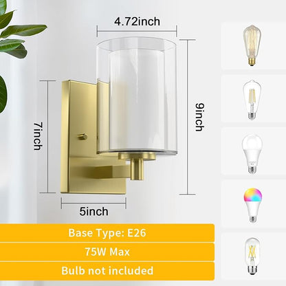 Wall Sconces Set of Two, Modern Gold Vanity Wall Lights | Double Clear Glass Shades With E26 Base, Farmhouse Wall Lights For Bathroom, Bedroom, Living Room, Mirror And Hallway.