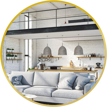 26 Inch Gold Round Circle Mirror for Bathroom Wall, Metal Frame | HD tempered glass for clear, distortion-free reflection. Mounting hardware included for vertical or horizontal wall mount.