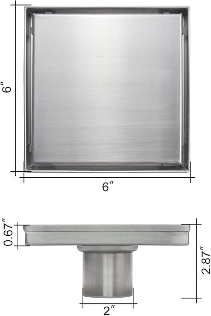 Square Shower Drain,Shower Drain 6" with 2 in 1 Tile-Insert Cover | Brushed AISI 304 Stainless Steel Shower Floor Drain with Hair Catcher Fits Bathroom Balcony Kitchen Easy to install