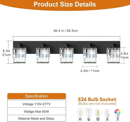 Black Crystal Bathroom Vanity Light, 5-Light Modern Bathroom Lighting Fixtures Over Mirror, Matte Black Wall Sconce Light Fixtures with Square Shade