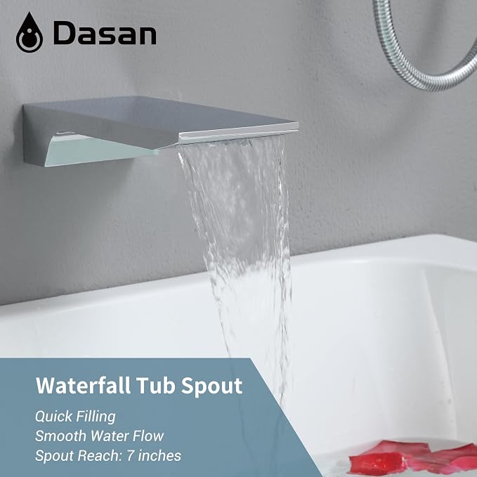 DASAN Tub Shower Faucets Sets Complete Bathtub Shower System with Waterfall Tub Spout, Chrome Bathtub Faucet Set Tub and Shower Faucet Combo Trim Kit with Valve, DA-SS04PC-S10W