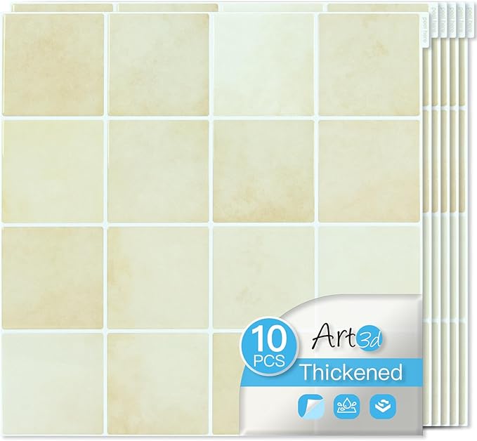 Art3d Grid Design Peel and Stick Backsplash, 10-Pack, 12 x 12 in, Sandstone | Enhanced Thickness, Strong Adhesion, Moisture Resistant, Long-Lasting, Minimalist Look, DIY Friendly, for Kitchen Countertops