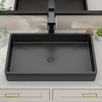 Dcolora 24 In. Black Drop In Bathroom Vessel Sink, 16 Gauge Stainless Steel, Rectangle Design with Drain Assembly, 14"D x 24"W x 4"H #DC-VS261205