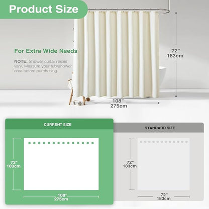 Extra Wide Waffle Shower Curtain 256 GSM Fabric 108x72 Cream/Ivory | 108 Inch Wide, Thick Cloth, Weighted Hem, Water Repellent, Hotel Luxury Polyester Shower Curtain Set for Bathroom 18 Hooks