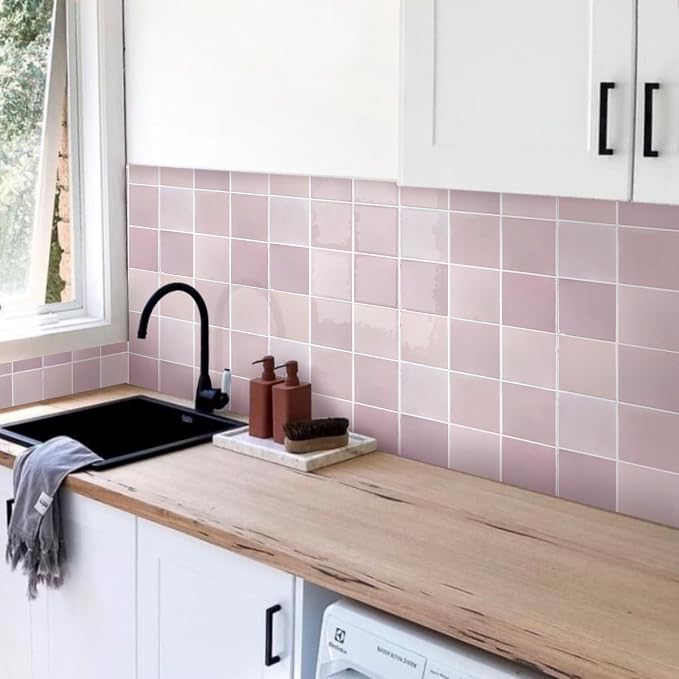 Commomy Thicker Pink Peel and Stick Tiles- 10 pcs of 12" x 12" - 3D Adhesive Square Peel and Stick Tiles Backsplash for Kitchen, Bathroom, Removable, Waterproof, Vinyl Wall Tile